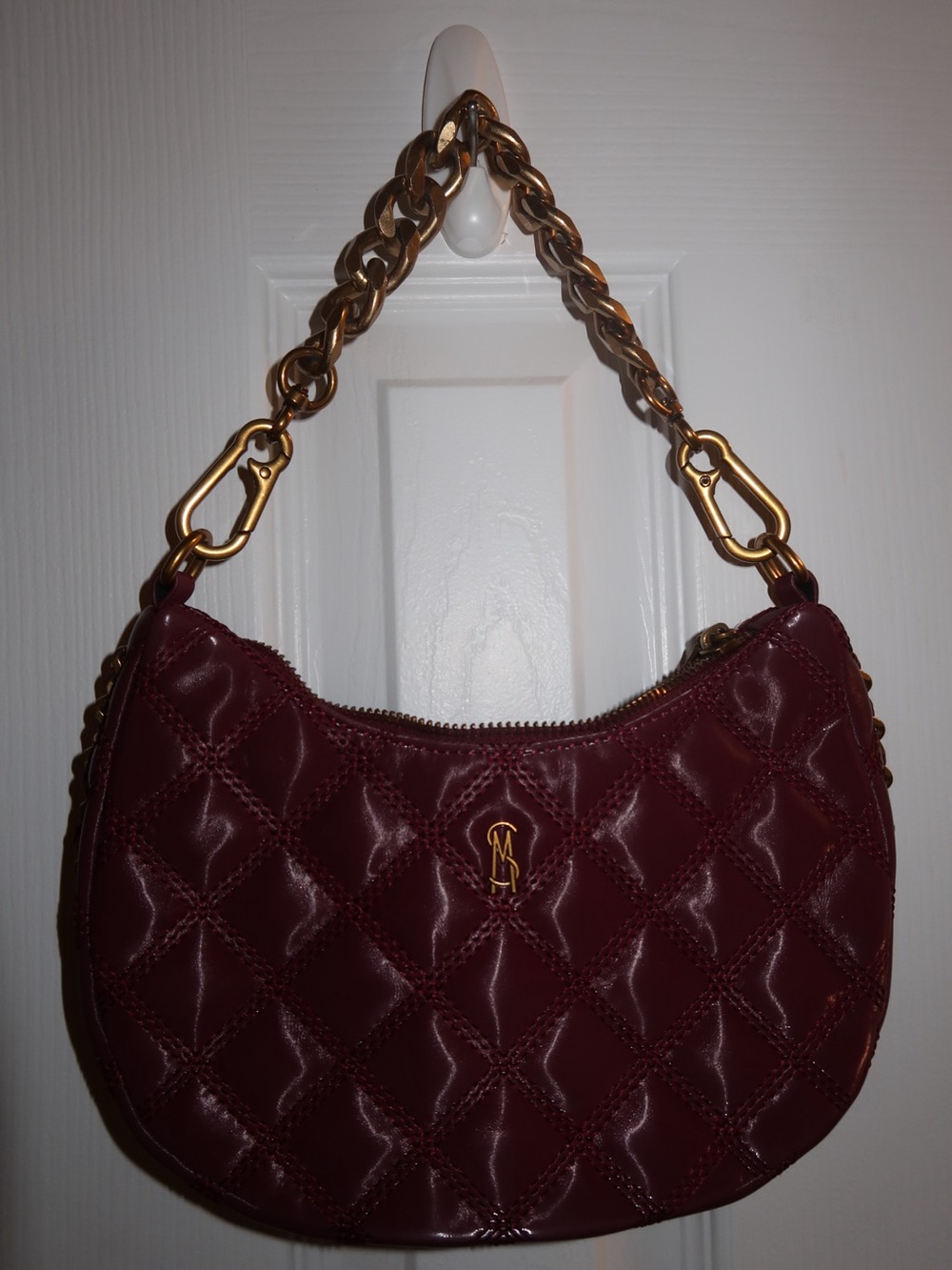 Steve Madden Quilted Wine Shoulder Bag with Gold Chain